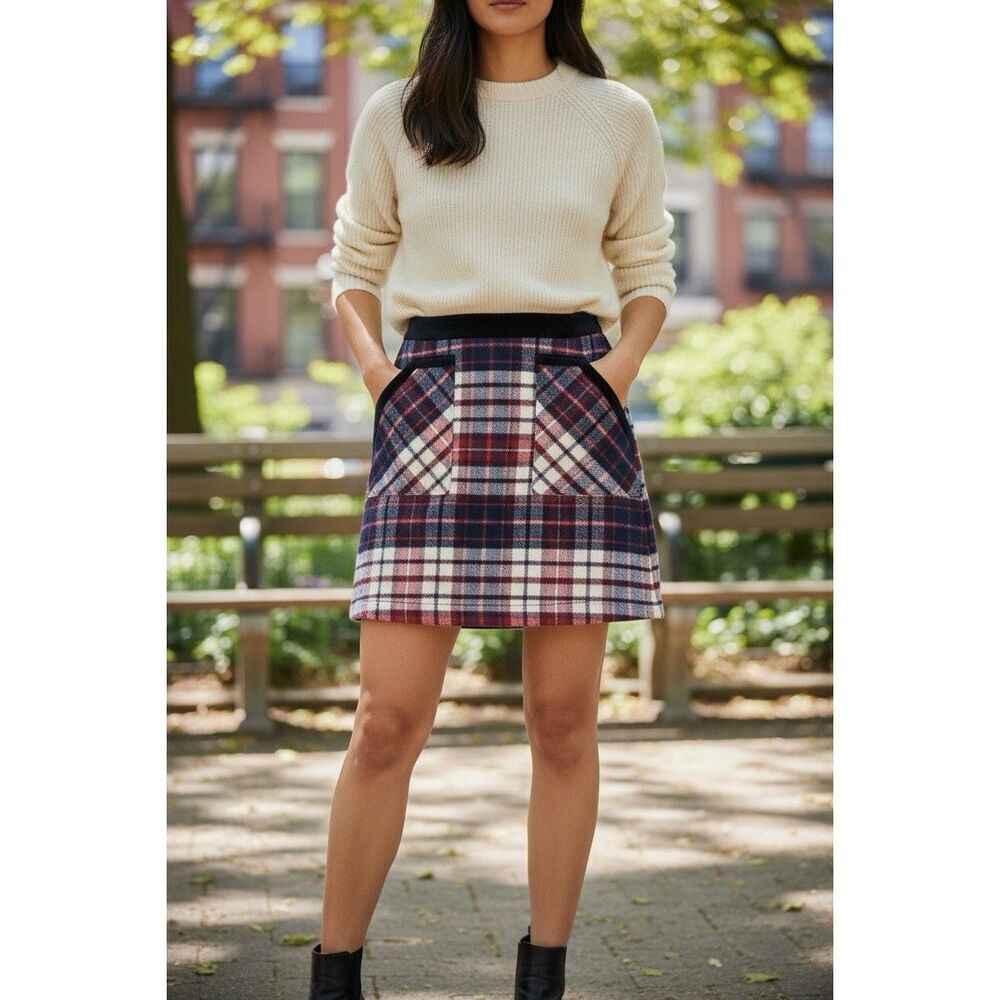 Deadstock Tommy Hilfiger Wool Skirt Plaid Red White Blue Pockets US2 UK4 Small